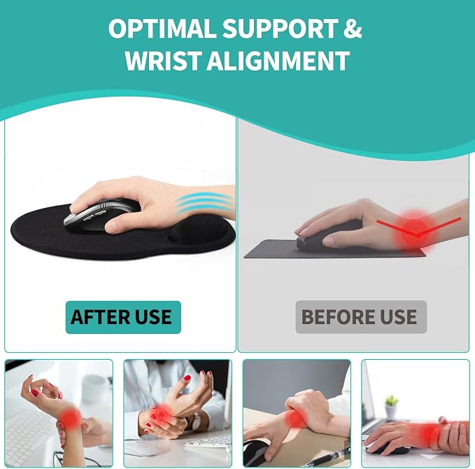 Mouse Pad with Wrist Rest, Comfortable Computer Mousepad with Gel Wrist Support Smooth Surface and Non-Slip PU Base for Pain Relief, Laptop, Office & Home (Black)