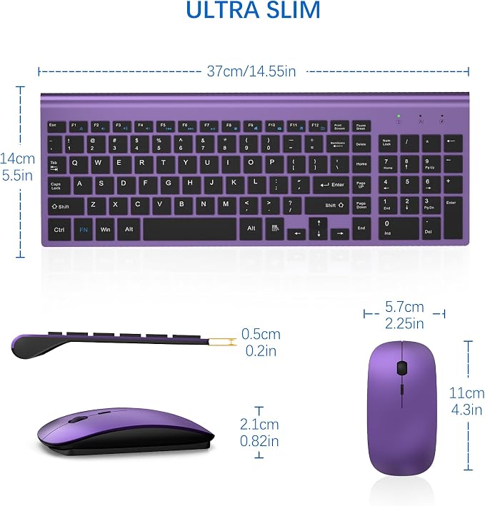 Wireless Keyboard and Mouse Ultra Slim Combo, TopMate - Purple Black | 2.4G Silent Compact 2400DPI Mouse and Scissor Switch Keyboard Set with Cover, Batteries Included, for PC/Laptop/Windows/Mac