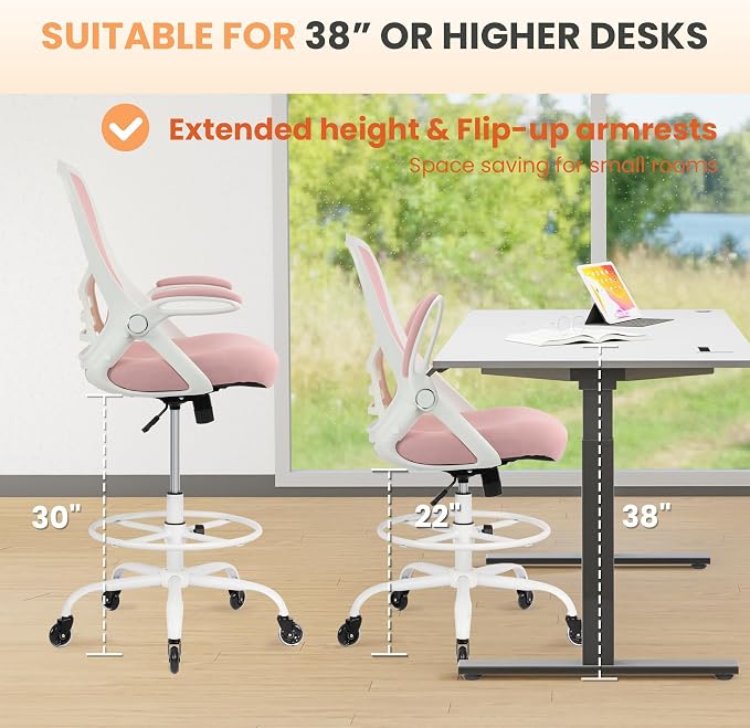 Drafting Chair Tall Office, Ergonomic Standing Desk Stool Adjustable Big and Tall Drafting Office Chair with Flip-Up Armrests, Mesh, Pink