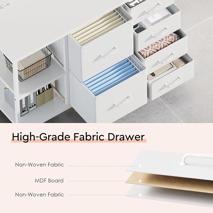 6 Drawer File Cabinet with Charging Station and Open Storage Shelf, White