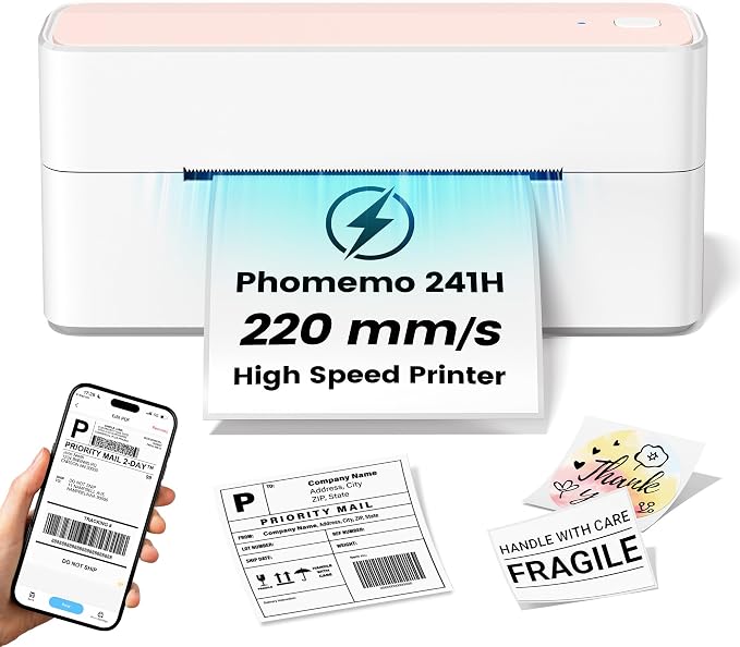 Phomemo High-Speed Shipping Label Printer 220mm/s - 4X6 Wireless Thermal Label Printer for Small Business, Compatible with iPhone, Android, Shopify, Amazon, USPS, Pink
