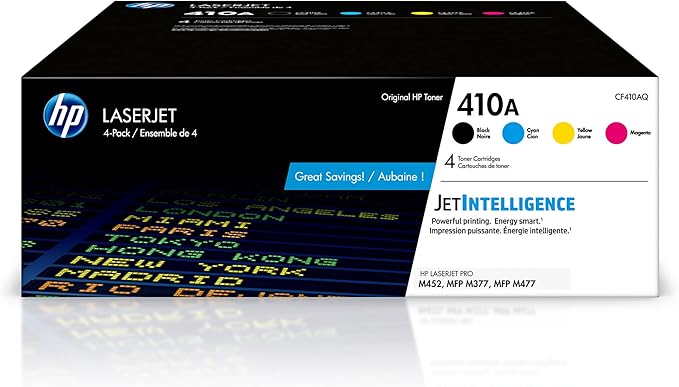 HP 410A Black, Cyan, Magenta, Yellow Toner Cartridges Printers (4-Pack) | Works with Color LaserJet Pro M452 Series; Color LaserJet Pro MFP M377, M477 Series | CF410AQ