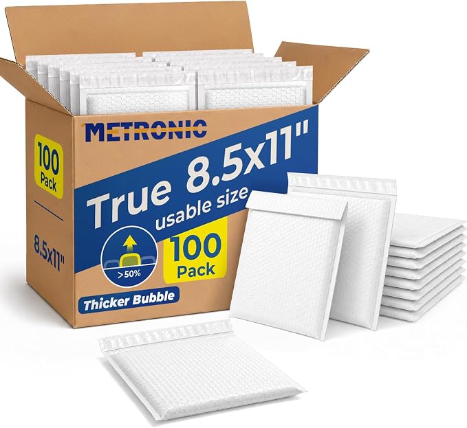 Metronic Bubble Mailers True 8.5x11" Usable Size Padded Envelopes 100 Pack | 50% Thicker 1/7" Bubble 8.5x12" Self Seal Water-resistant bubble envelopes for Books,DVD,Magazine& Small Business,#2,White