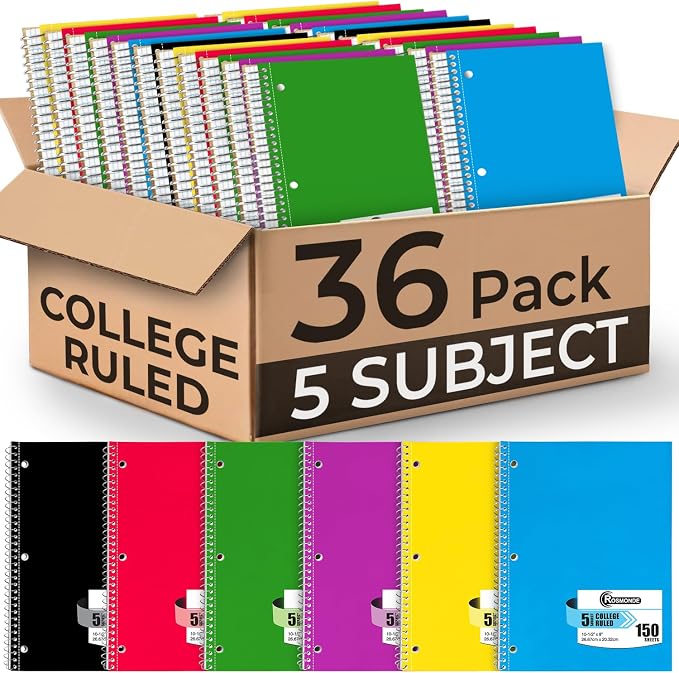 5 Subject Spiral Notebook, 36 Pack, College Ruled Bulk, 150 Sheets | Thick Paper, 300 Pages, 8 x 10-1/2", Bulk Spiral Journal for School, 3 Hole Punched, Bulk 5 Subject Notebook, Assorted Colors