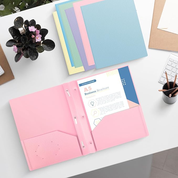 24-Pack Plastic andPockets and Prongs,2-Pocket and3 Fasteners, Pastel Folders Holds US Letter Size Paper for School/Office/Home, Pink