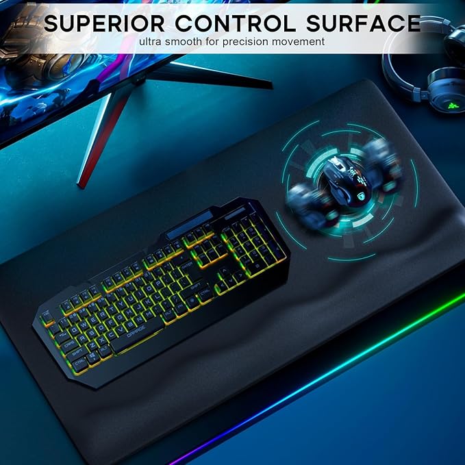 JIKIOU Large Mouse Pad with Wrist Rest, Desk Pad with Built in Wrist Rest, Waterproof Gaming Mouse Pad with Non-Slip Base for Typing Pain Relief Black 29.5x14.9 inch