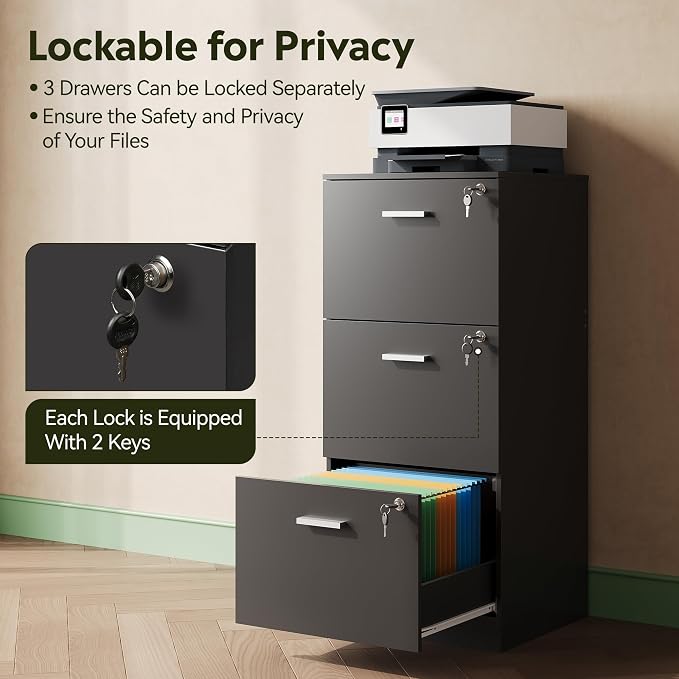 DEVAISE 3 Drawer Wood File Cabinet with Lock for Letter and A4 Size | Wooden Vertical Filing Cabinet, Home Office Filing Organizer, Printer Stand, Black