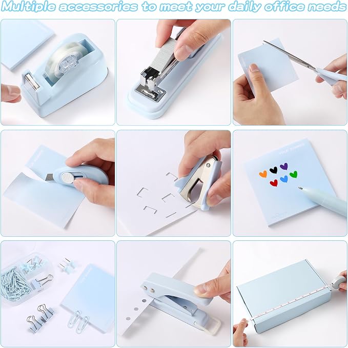 Blue Desk Accessory Kit Cute Office Supplies Set Desktop Stapler Set Includes Staple Remover Hole Punch Tape Dispenser Ballpoint Pen Scissor Mini Box Cutter Tape Measure Paper Clips Sticky Notes