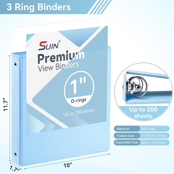 SUIN 1 Inch 3 Ring Binder, Clear 1'' View Presentation Binders with 2 Pockets, Fits 8.5 x 11 Letter Size, Durable Polypropylene, Non-Stick & PVC-Free for School, Office & Home (Brushed Blue)