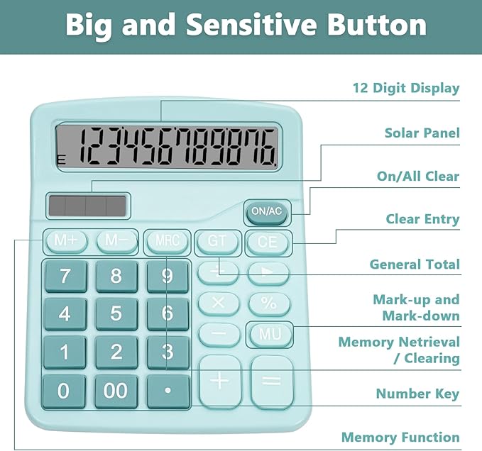Cute Light Blue Desktop Calculator with Big Buttons, Dual Power Source, Solar and Battery, Large Display Screen - Perfect for Office, Teachers, and Students (Light Blue)