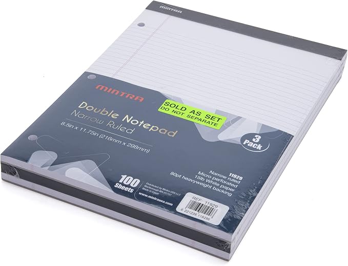 Mintra Office White Legal Pads – Ruled Notepads and Micro-Perforated Sheets, Ideal for Writing, Note-Taking & Creativity, Office, or Professional Use, Double Pad 3 pack, 8.5"x11" (Narrow Ruled)