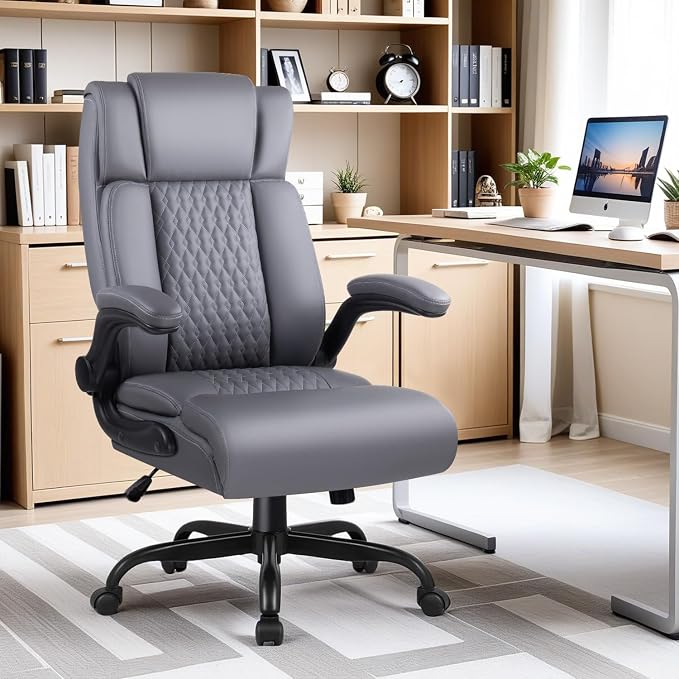 Office Chair, 400LBS Heavy Duty Big and Tall Executive Office Desk Chair with Flip-up Arms, Ergonomic High Back Office Chairs with Lumbar Support, PU Leather, Grey