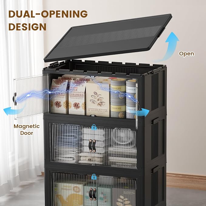 SAILUN 260Qt Stackable Storage Bins,Storage Cabinet with a Lid,4 Pack Black | Stackable Storage Drawers with Lids,22" W x 13" D x 50" H,Featuring open-front Access for Clothes and Closet Storage