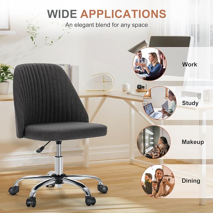 DUMOS Comfy Office Desk Chair, Armless Computer Vanity Chair | Height Adjustable, 360° Rolling Swivel Task with Wheels, Wide Seat Home Bedroom, Student, Adults, Gunmetal Gray