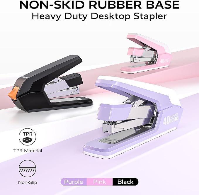 Marsrock Stapler for Desk with 40-50 Sheet Capacity, 4000 Staples, 2 Pack | 1-Touch Stapling, Ergonomic & Easy to Load Desktop Staplers, Heavy Duty Stapler, and Magnetic Staple Remover