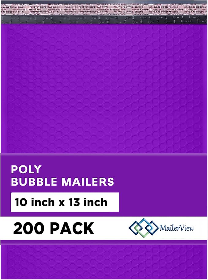 Purple Bubble Mailers 10x13, Self Seal Poly Padded Envelopes, 200 Pack | Fits Books & Magazines, No Tape Needed, Cushioned Protection, Water-Resistant Poly, Bulk Pack for Small Business