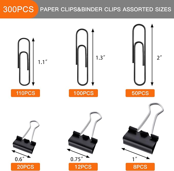 NEEWAY 300pcs Paper and Binder Clips Assorted Sizes, Black