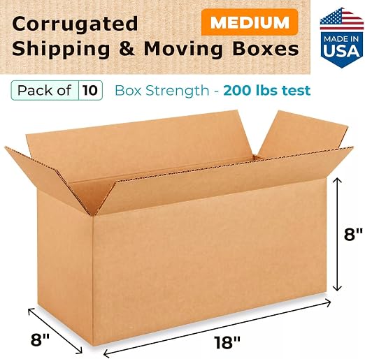 Medium Shipping & Moving Boxes 18x8x8 inches (10-Pack) - Extra Strength 200 lb vs Regular - Corrugated Medium Moving Boxes - Packing Box for USPS, UPS, FedEx - Heavy Duty Box by IDL Packaging | Extra Strength 200 lb vs Regular - Corrugated Medium Movin...