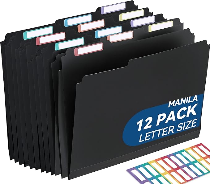 Plastic Manila Folders 8.5 x 11, 12 Pack, Poly Black File Folders, 1/3-Cut Tabs with Colorful Labels, Letter Size