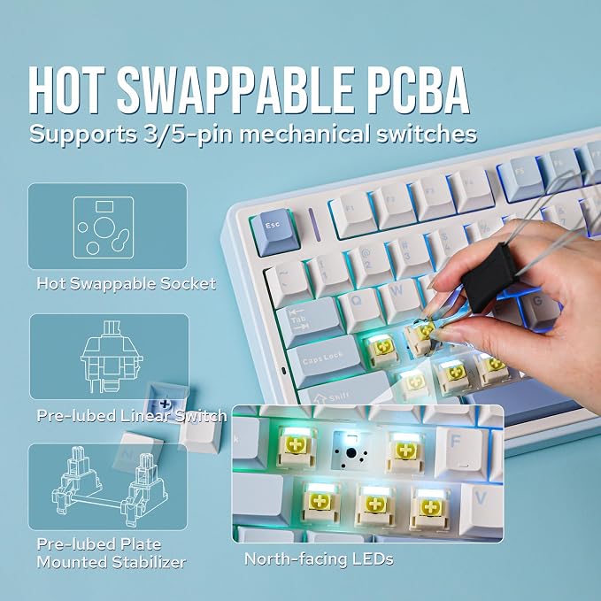 EPOMAKER x Aula F75 Gasket Mechanical Keyboard, 75% Wireless Hot Swappable Gaming Keyboard with Five-Layer Padding&Knob, BT/2.4GHz/USB-C, RGB (Sea Salt Blue, LEOBOG Reaper Switch)
