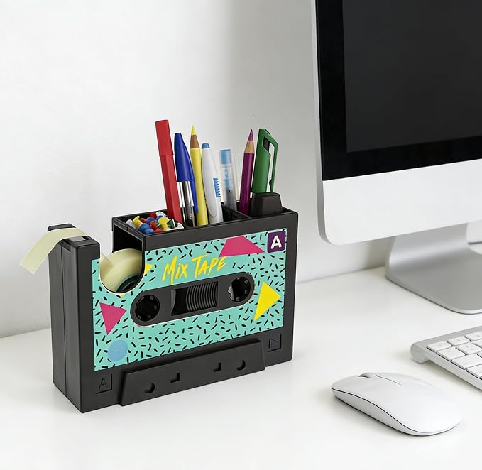Retro Cassette Heat Tape Dispenser with Pen Holder for Desk Vintage 80s Office Mate Recycled 2-in-1 Office Stationery Storage (Green Tape)