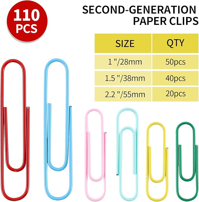 Paper Clips, 110Pcs Colored Paper Clip Assorted Sizes (2 inch & 1.3 inch,1.1 inch), Largr PaperClips, Small Medium Paper Clips for Office Supplies Document Organizing, Colorful and Heavy Duty