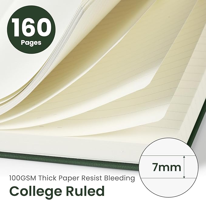 Taja Lined Journal Notebook for Women & Men, Hardcover Leather Journal for writing, A5 College Ruled Notebook for Work & Note Taking, Perfect for Office School Home Supplies, 160 Pages, Dark Green