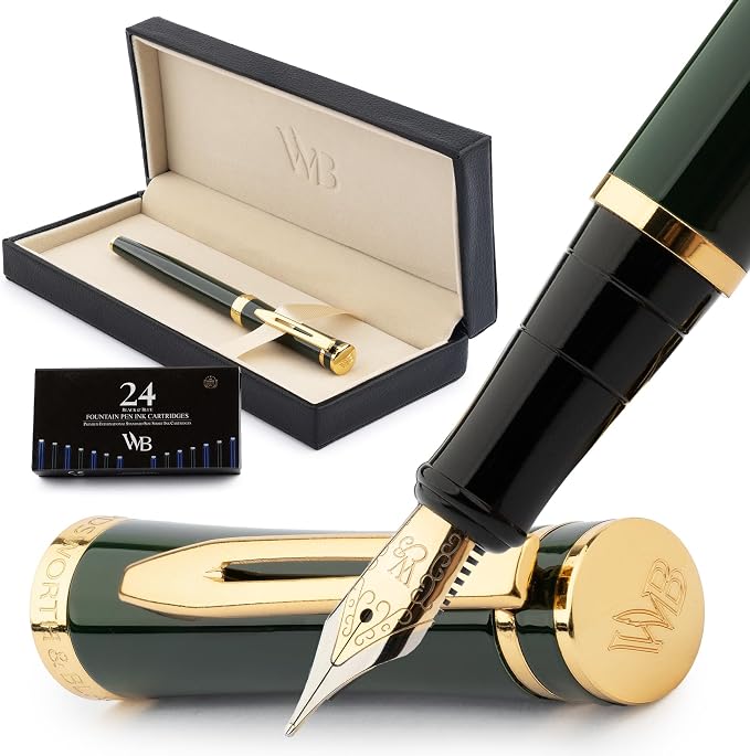 Wordsworth & Black Luxury Fountain Pen Set for Writing, Medium Nib, Green | Gift for Men & Women, Brass Body, 18K German Iridium, Calligraphy, Converter + 24 Ink Cartridges, Refillable, Leak-Free