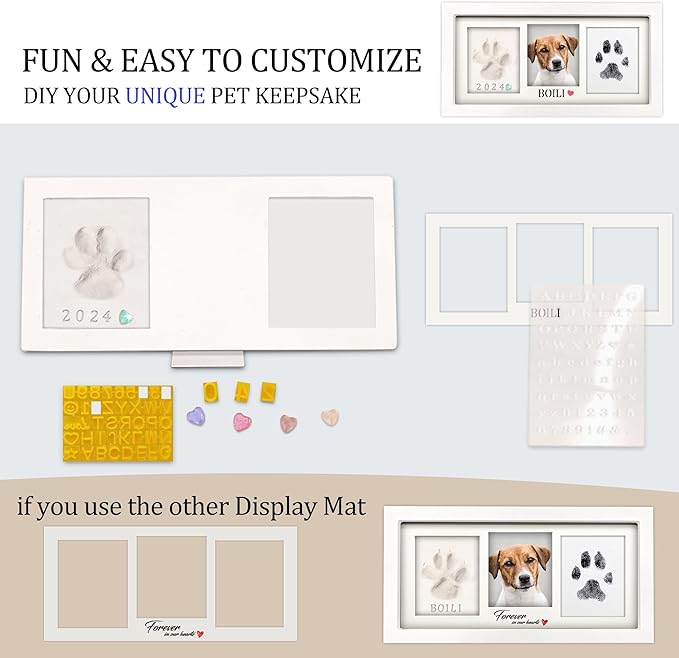 MYPAWLETS Paw Print Frame Kit,Dog/Cat Paw Print Kit,Soft Pawprint Clay&Clean Touch Ink Pad,Pet Paw Print Impression Kit with Customization Tool,Wooden Pet Memorial Frame,DIY Dog Lover Gifts-White