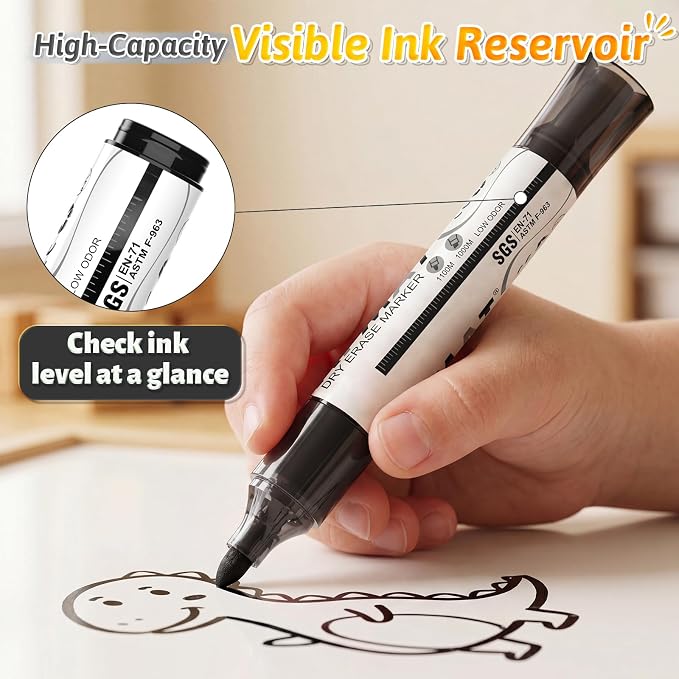 AFMAT Dry Erase Markers, 12-Count Black Whiteboard Markers, Bullet Tip, High-Capacity Liquid Ink for 1,700 Meters Writing Length, w/Visible Ink Level, Low Odor Erasable for Teacher Office Classroom