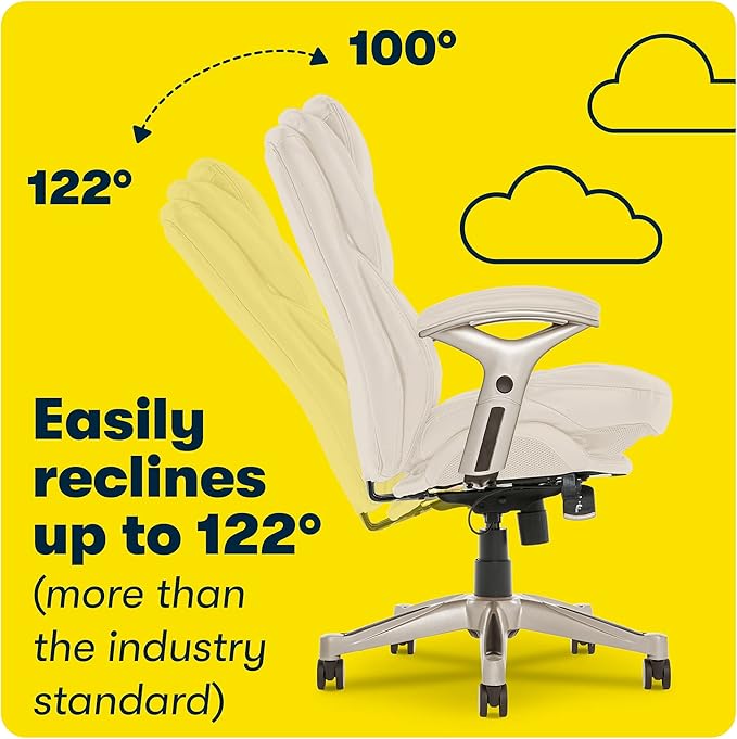 Serta Claremont Executive Office Chair with Back-In-Motion Technology, Ergonomic Mid-Back with Pivot Lumbar Support and Seat, Plush Cushion, Body Pillows, Adjustable Arms, Bonded Leather, Ivory White