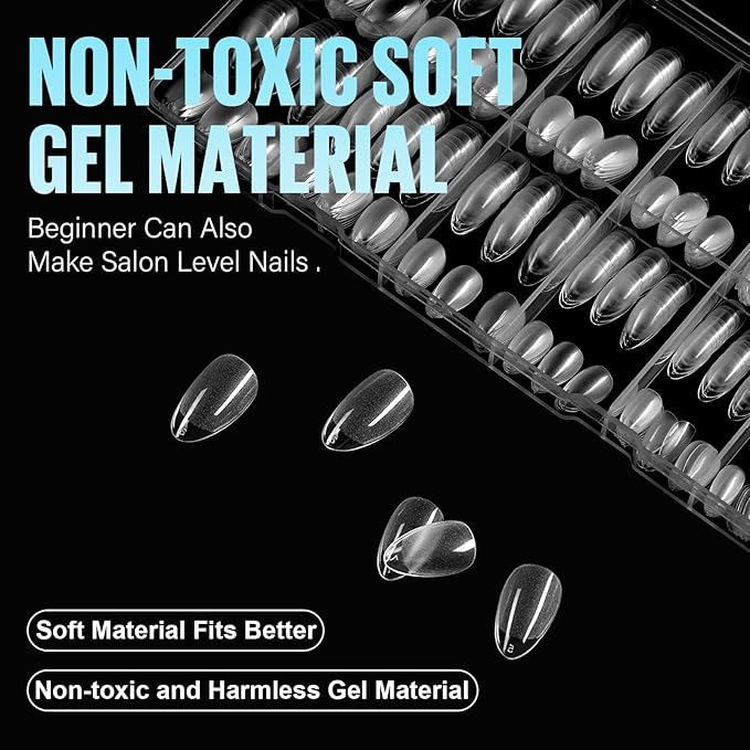 TOMICCA Short Almond Nail Tips, 504Pcs Soft Acrylic Nail Tips, 12 Sizes Pre-Shaped Half Matte Fake Clear Gelly Tips, Press on Acrylic Nails for Nail Extension DIY Nail Salon