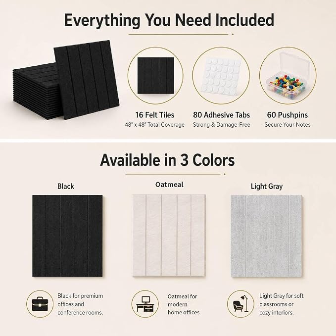 48"x48" Large Felt Bulletin Board Tiles for Wall, 16 Pack, Black | with Pushpins & Adhesive Tabs, No-Drill Installation, for Home or Office Wall Decoration and Protection, Freely DIY Projects