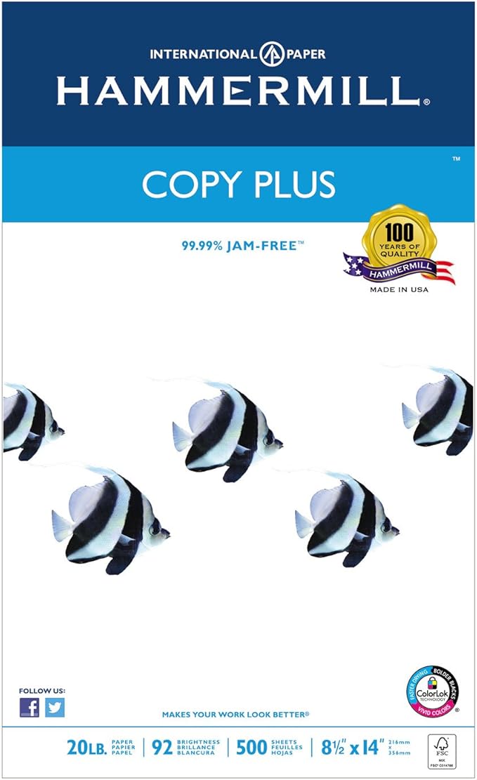 Hammermill 105015 Copy Plus Copy Paper, 92 Brightness, 20lb, 8-1/2 x 14, White, 500 Sheets/Ream