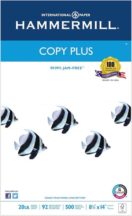 Hammermill 105015 Copy Plus Copy Paper, 92 Brightness, 20lb, 8-1/2 x 14, White, 500 Sheets/Ream
