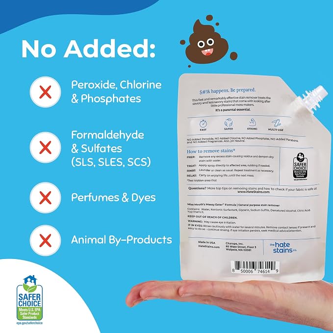 Miss Mouth's Messy Eater Stain Treater Kit, 2 Sprays & 16 Oz Refill | Newborn & Baby Essentials; Cleans Off Food, Grease, Coffee; Use on Laundry, Underwear, Fabric