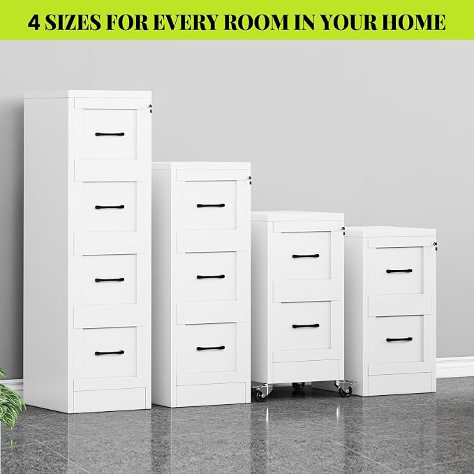 2-Drawer Rolling Metal File Cabinet with Lock, Narrow, White | Mobile metal filing cabinet with casters; rails fit Letter, Legal and A4 folders, one lock secures both drawers
