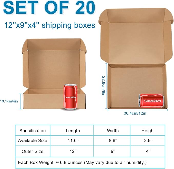 Small Shipping Boxes 12x9x4 Inches - Kraft Brown Corrugated Cardboard Boxes (20-Pack) for Mailing, Packing, Small Business & Gift Packaging - Recyclable & Sturdy