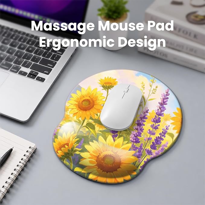 Mouse pad with Wrist Rest,Relieving Pain Memory Foam Computer pad, Ergonomic Desktop Mouse, Silicone Material Mouse pad, with Non-Slip PU Base (Sunflower)