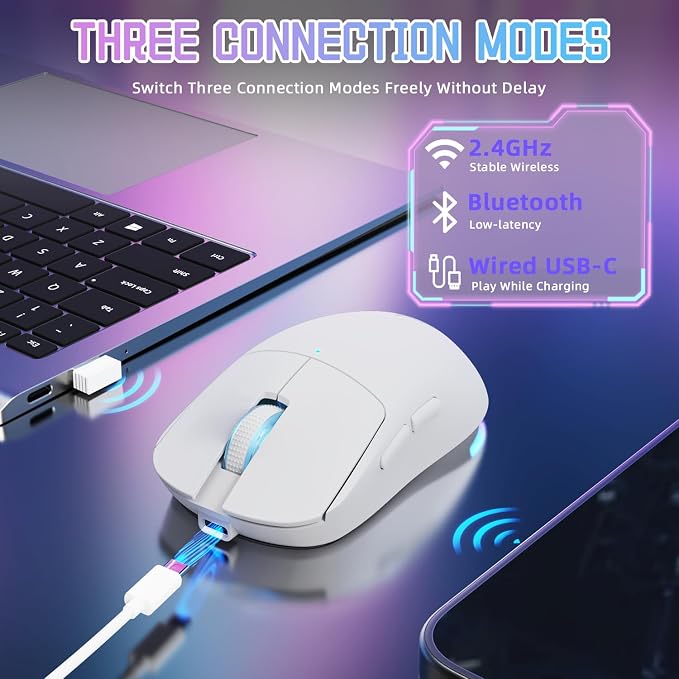 MAGIC-REFINER G6 Wireless Gaming Mouse,24000 DPI Adjustable,72g Lightweight Mouse,1000Hz Polling Rate,Tir-Mode BT/2.4G/ Wired Gaming Mouse,750mAh Battery,with Grip Tape for Gamer/Office/PC/Mac,White