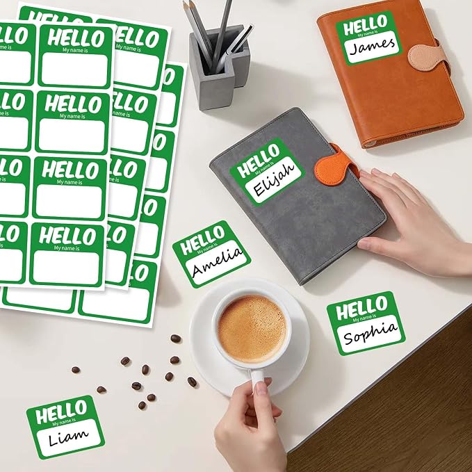 256 Pcs Name Tags Sticker 3"x2.5" Hello My Name is Stickers, Green Name Labels Adhesive Identification Name Badges for School, Office, Meeting, Family Parties, Mailing