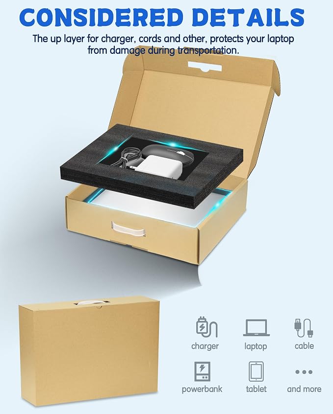 Laptop Shipping Box with Handle, Corrugated Mailer for 17 Inch Notebook Transport, Protective Foam Inserts and Separate Accessory Compartment, Professional Electronics Packaging Box