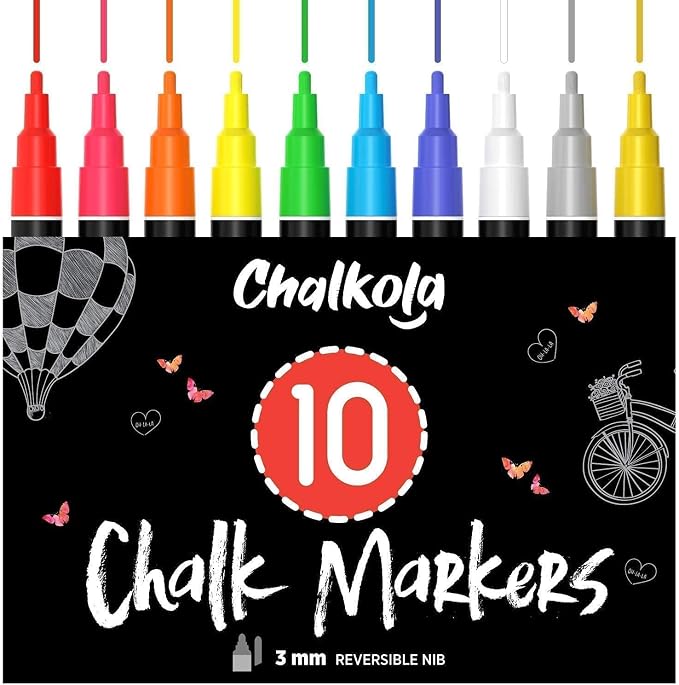 10 Liquid Chalk Markers Fine Tip for Blackboard, Windows, Chalkboard | Chalkola (10 Pack) with Gold & Silver - Erasable Dry Erase Marker Pens - 3mm Reversible Tip for Car Glass, Signs, Bistro