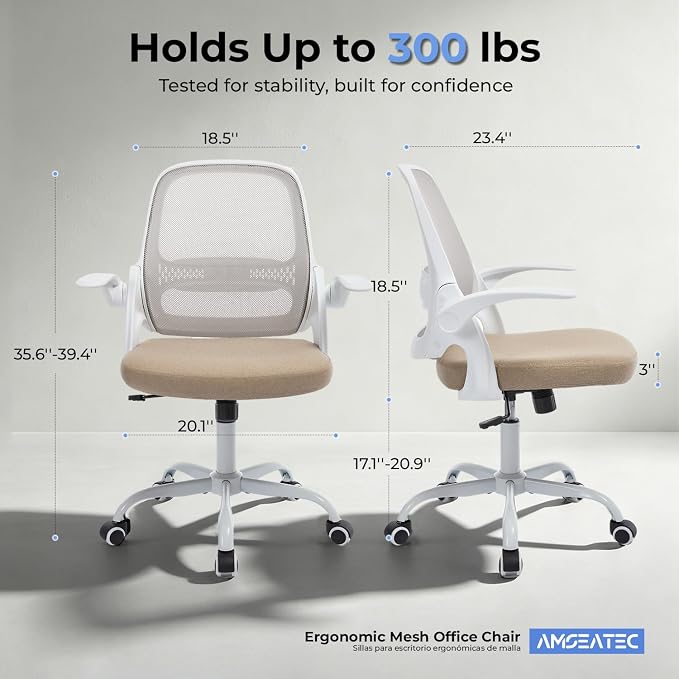 amseatec Mesh Office Chair, Ergonomic Home Office Chair with Flip-Up Arms | Breathable Mesh Back & 3" cushion. BIFMA Certified. 90-110° Rocking. Supports 300 lbs.