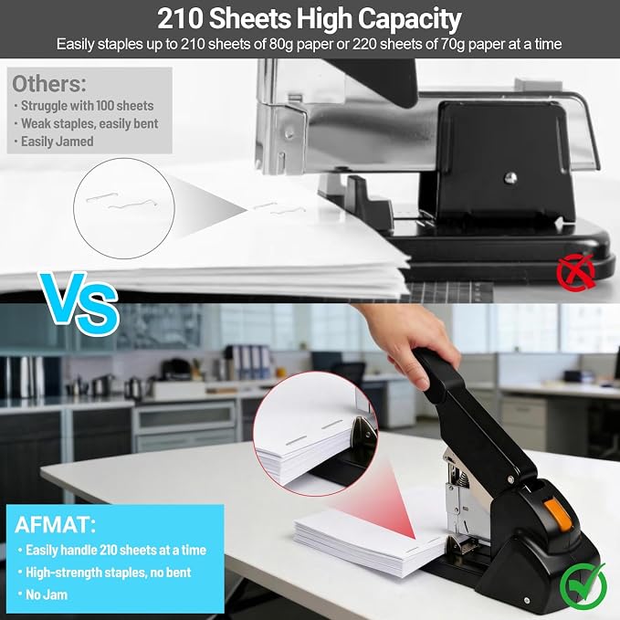 AFMAT Heavy Duty Stapler, 210 Sheet Staplers for Desk with 7000 Staples, Jam-Free, 50000+ Uses, 60% Reduced Effort, Easy Reload, Adjustable Paper Guide, Large Metal Manual Office Staplers, ES15