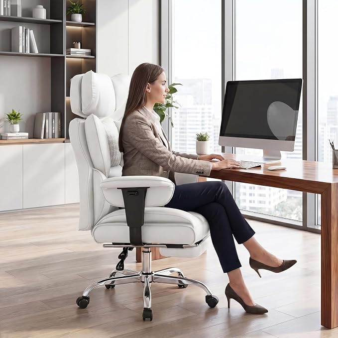 DUMOS Big and Tall Home Office Desk Chair, Executive Chair with Footrest | PU Leather, Ergonomic Comfy Lumbar Support, High Back Reclining, Adjustable Armrests, White