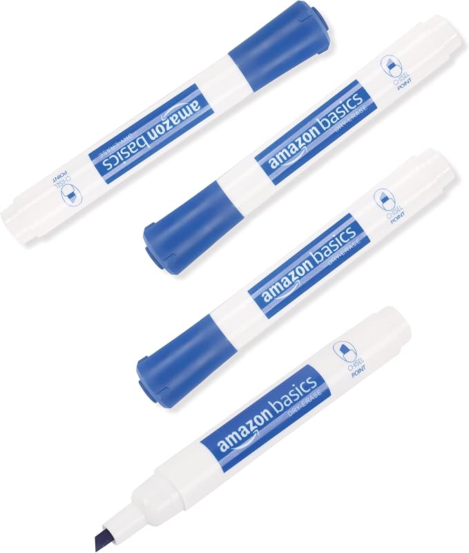 Amazon Basics Dry Erase Whiteboard Markers, Chisel Tip, Low-Odor, Blue, 12-Pack, For Drawing, Sketching and Writing
