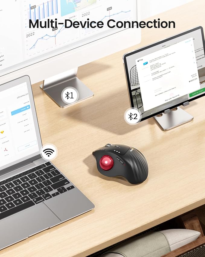 ProtoArc EM01 NL Wireless Trackball Mouse, Rechargeable Thumb Control, Red | 0/20° Adjustable Angle to Reduce Fatigue, Triple-Device Bluetooth & 2.4G USB-A for Office Use, Silent Click, Easy to Clean