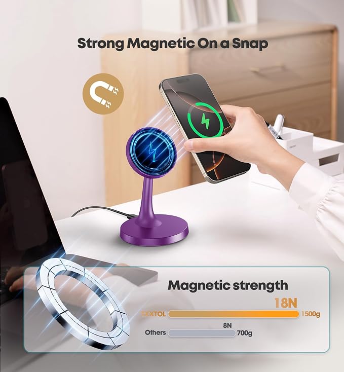 TXXTOL Magnetic Wireless Charger iPhone Stand, 15W Fast Mag-Safe Charger iPhone 17/17 Air/17 Pro/17 Pro Max 16/15/14/13/12 Series Magnet Wireless Charging Station/Pad/AirPods for Home, Office, Travel