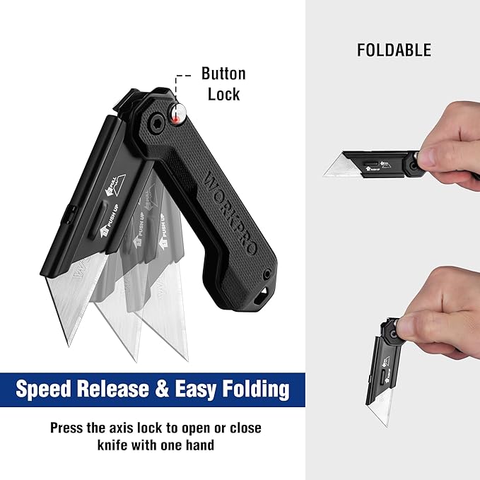 WORKPRO EDC Folding Utility Knife, Mini Box Cutter with Quick Open Axis Lock, Quick Change Blade Razor Knife, Foldable Small Pocket Knife with Belt Clip